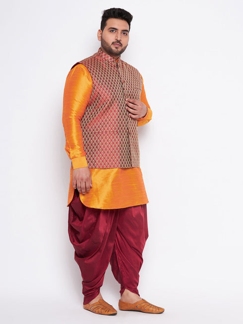 Vastramay Men's Plus Size Maroon Woven jacket And Orange kurta And Dhoti Set